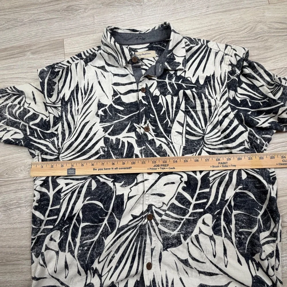 Tommy Bahama Mens‎ Large 100% Silk Black White Tropical Palm Leaf Camp Shirt